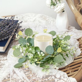 SOMYTING 4Pcs Candle Rings Wreaths Artificial Eucalyptus Wreath Faux Kitchen Cabinet Wreaths Small Boho Wreath Pillar Candle Holder for Wedding Party Home Tabletop Decoration