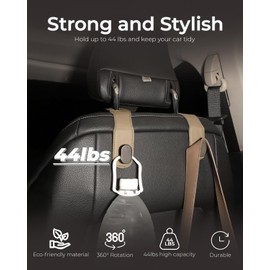 4 Pack Car Headrest Hooks, Car Seat Organizer with PU Leather & Stainless Steel Up to 44 lbs, Car Seat Back Hook for Purse/Bags