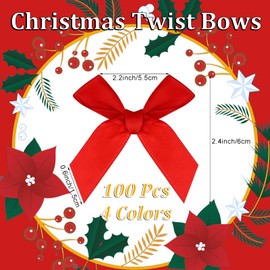 Christmas Twist Tie Bows, 100 Pcs Satin Twist Tie Bows for Treat Bag Satin Ribbon Tie Bows for Tying Up Packages Present Bags Bakery Candy Bags Decorating Ribbon Bow Gift Wrap Bows (Christmas)