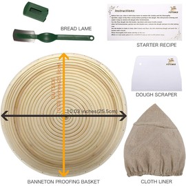 Round Bread Proofing Basket 10 inch Large Banneton Proving Basket Natural Rattan Sourdough Proving Basket for Professional Home Bakers (with Cloth Liner, Dough Scraper, Bread Lame, Starter Recipe Set)