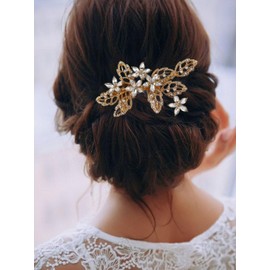 Bessney Crystal Bridal Hair Combs Gold Rhinestone Flower Bride Hair Pieces Leaf Prom Wedding Hair Accessories for Women and Girls