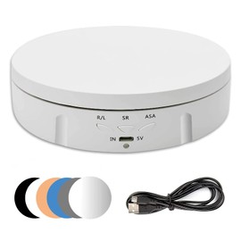 Electric Rotating Turntable for Photography, 90/180/360 Degree Adjustable Motorized Rotating Stand Display Table for Live Video Automatic Revolving Platform Jewelry Watch with 6 Backgrounds (White)