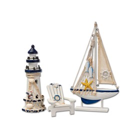 Flanacom Maritime Bathroom Decoration, Set of 3: Lighthouse, Sailing Ship and Beach Chair Made of Wood, Lovingly Designed Bathroom Accessories with Details