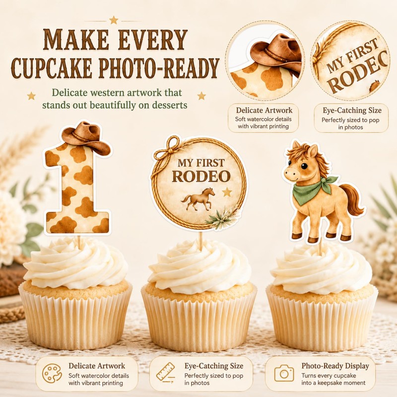 ALISSAR 36 Pcs My First Rodeo Cupcake Toppers, Western 1st