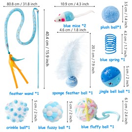 MALLMALL6 10Pcs Cat Toy Set Interactive Cat Toys Pack Including Feather Teaser Wand Cat Springs Mice Crinkle Balls and Pet Bell Balls, Puzzle Toys for Indoor Cats Gift (Blue)