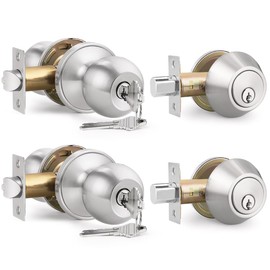 Brotima 2 Pack Keyed Entry Door Knob and Single Cylinder Deadbolt Combination Set in Satin Nickel, Keyed Alike Exterior Knob Door Handle and Deadbolt Lock and Key, Round Locking Lever Handle Set
