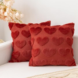 UGASA Valentines Day Pillow Covers 18x18 Inch Set of 2 Cute Heart Pattern Plush Jacquard Romantic Love Decorative Throw Pillow Pillowcases for Lover Girls Wedding Sofa Living Room Bed, Wine Red
