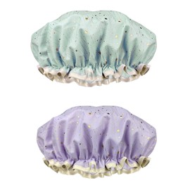 2 Pack Shower Caps, Elastic and Reusable Bonnet, Double Waterproof Layers, Bath Caps for Women (Green/Purple)