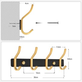 YUET Door Hooks, Towel Hook Stainless Steel Coat Hooks Wall Mounted Screw in Modern Metal Heavy Duty Coat Rack Row of Hooks Hanger Robe Clothes Hat Hook for Bathroom Bedrooms (Black & Gold)
