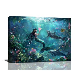 Mermaid Wall Art Ocean Dolphin Pictures Wall Decor Mermaid Canvas Painting Print Home Modern Artwork Decorations Framed for Bathroom Living Room Bedroom Office 16 x 12 inch