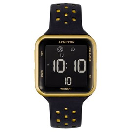 Armitron Sport Unisex Gold-Tone Accented Digital Chronograph Black Perforated Silicone Strap Watch, 40/8417GBK