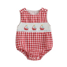 Youweixiong Baby Boy Girl Sailboat Romper Sleeveless Nautical Smocked Plaid Bubble Bodysuit Cotton Linen Jumpsuit Beach Summer Overalls (Red, 3-6 Months)