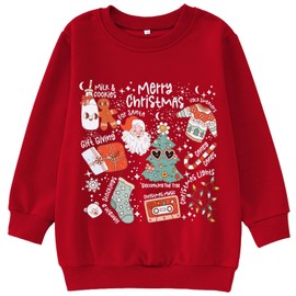 BOUTIKOME Girls Christmas Sweatshirt Kids Merry Christmas Shirt Cute Xmas Doodle Graphic Crewneck Pullover Top 6-12 Years(Red,8-9Y(140))