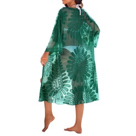 Blooming Jelly Womens Bathing Suit Cover Up 3/4 Sleeve Mesh Swimsuit Coverup Long Floral Beach Lace Kimono Summer Cardigan (One Size, Dark Green)