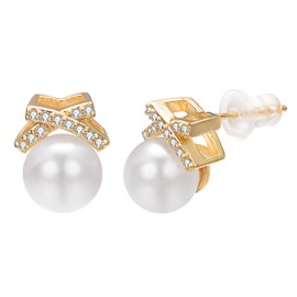 Vogem White Pearl Stud Earrings for Women White Round Cultured Pearl 10mm Ear Studs 18ct Gold Plated Valentines Anniversary Present
