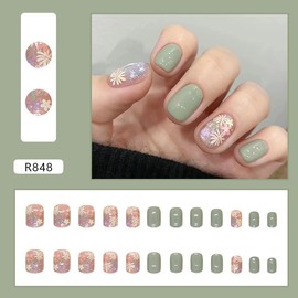 Short Square Press on Nails Green Sweetness Fake Nails Glossy with Colour Flower Designs Glue on Nails Reusable Artificial Stick on Nails for Women 24 Pcs