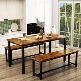 LinkRomat Dining Room Table Set with 2 Benches, Farmhouse Dining Table Set for 4, Wood Breakfast Table Set Dinner Table Set Kitchen Table and Chairs for Breakfast Nook Small Spaces, Brown