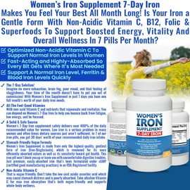 Women’s Iron Supplement Pills for Women, Bis-Glycinate 80mg, 7 Iron Pills for 30 Days’ Worth of No Stomach Binding, Vegan, Alkaline VIT C Iron Pill for Women 30 Capsules 2-Pack