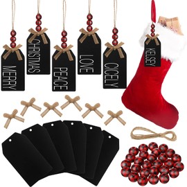 Junkin 12 Set Christmas Stocking Name Tags Including Chalkboard Tags Wood Beads and Bow, DIY Name Sign Christmas Ornaments for Christmas Stockings Home Farmhouse Decor (Red and Black,4.5 x 2.6'')