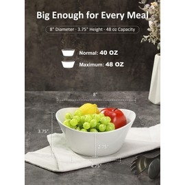 Yedio 48 oz Porcelain Salad Bowls Set of 4 – Large Serving Bowls for Pasta, Soup, Oatmeal, Snacks – Microwave & Dishwasher Safe, White Kitchen Bowl Set