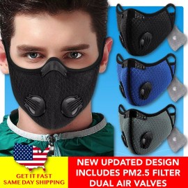 Factory Direct Reusable Activated Carbon Filter Dual Air Valve Cycling Sport Face Mask Cover - Black Mesh + 1 Filter