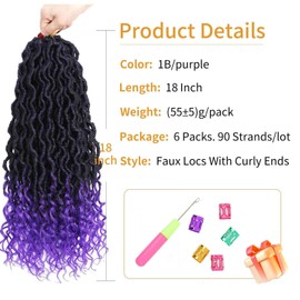 Goddess Locs Crochet Hair 18 Inch 6 Packs Ombre Purple Faux Locs with Curly ends Pre Looped Goddess Faux Locs Crochet Hair for Black Women (18 Inch,6 Packs,1B/Purple)