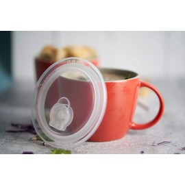 KooK Ceramic Soup Mugs, with Handle and Vented Plastic Lid, Microwave Safe, Travel Cups, for Coffee, Cereal, Noodles and Tea, 25 oz, Set of 2,Cherry/Grey