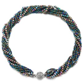 COOLSTEELANDBEYOND Colorful Statement Necklace Multi-Layer Beads Crystal Braided Chain Choker Collar Magnetic Clasp