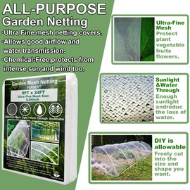 FARAER Ultra Fine Garden Mesh Netting, FARAER Plant Covers 8'x24' Garden Netting for Protect Vegetable Plants Fruits Flowers Crops Greenhouse Row Cover Protection Mesh Net Patio Gazebo Screen Barrier Net