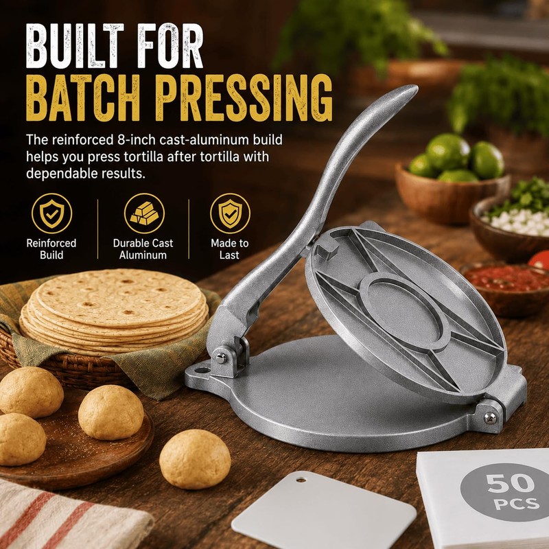 Kundita 8-Inch Cast Aluminum Tortilla Press, Silver Commercial-Grade Tortilla Maker