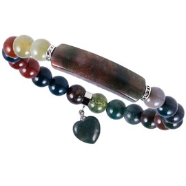 mookaitedecor 8mm Indian Agate Semi Precious Gemstone Stone Beads Bracelet for Chakra Reiki Energy, Natural Healing Crystal Bracelet Love Heart Charm Romantic Bracelet Men Women Jewellery Gift