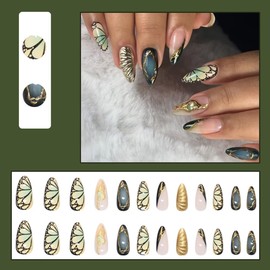 24 Pcs Press on Nails Short Almond Fall Nail Tips,YEFIUO Acrylic Nail Kit Gilded Fake Nails Press ons Glue on Nails Full Cover Reusable 3D Butterfly Wings False Nails Stick on Nails Art for Ma'am