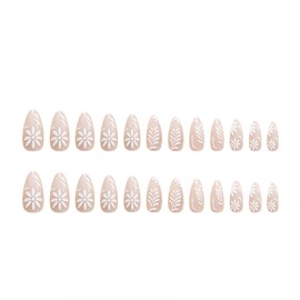 Almond Press on Nails Medium Fake Nails with White Flower Designs Glue on Nails Medium Almond False Nails Glossy Acrylic Nails Press ons Cute Artificial Stick on Nails for Women 24Pcs