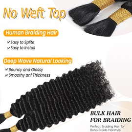 Human Braiding Hair for Boho Braids 100G 16 Inch Deep Water Wave Bulk Human Hair for Braiding No Weft Curly Bundles Human Hair Extensions for Boho Knotless Braids Wet and Wavy Braid Hair Natural Color
