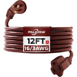 PALARINE Indoor Flat Plug Brown Extension Cord 12ft, UL Listed, 16/3 SJTW 3 Prong Heavy Duty, 16 Gauge 13A Power Cord for Lights, Appliance, Home, Office