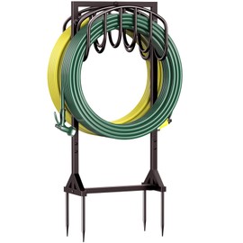 Garden Hose Holder Freestanding, Water Hose Holders for Outside with 4 Spikes, Hose Reels Double-Sided Heavy Duty Metal Hose Stand Holds 150ft Hose, Hose Storage for Outdoor Yard Lawn, Bronze