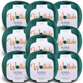 Wollidu Kira 100% Cotton for Knitting and Crocheting 10 x 50 g Set Crochet Yarn Knitting Yarn Dark Green