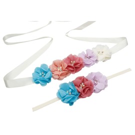 Lauthen.S Lauthen.S Maternity Flower Sash Headband Set Women Girls Wedding Baby Shower Sash Belt Dark Red