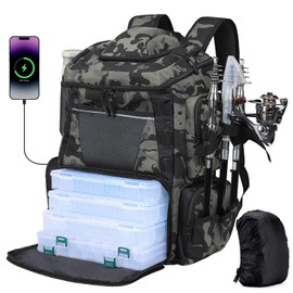Anpress 48L Fishing Backpack Fishing Tackle Backpack with 4 Tackle Boxes & USB Charging Port & 3 Rod Holder, Lightweight Fishing Tackle Bag Storge Gear and Equipment, Fishing Gift for Men