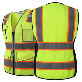 HATAUNKI Reflective Safety Vest for Women Mesh High Visibility Vest with 8 Pockets and Front Zipper High Vis Vest Work Vest Meets ANSI/ISEA Standards(Yellow-16, X-Large)