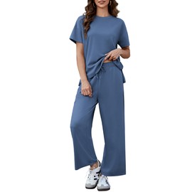 PINSPARK Travel Lounge Sets for Women 2 Piece Outfits Short Sleeve Crewneck Sweatsuit with Drawstring Pocket Wide Leg Pants Vacation Outfits,Blue Large