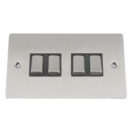 Light Switch 4 Gang - Satin Matt Chrome Flat - Black Insert - Metal Rocker Switch - 10 Amp 4 Gang 2 Way