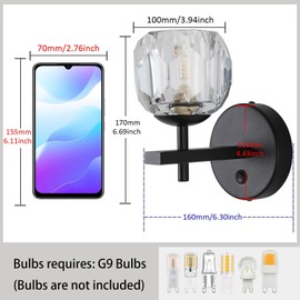 Loyled Black Crystal Wall Sconces - Modern Wall Lamps with K9 Crystal, Luxury Vanity Wall Light Fixtures Lamparas De Pared, Wall Mount Lamps for Living Room, Bathroom, Hallway, Bedroom, Mirror Sides