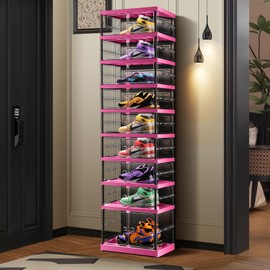 CIMLORD 9-Tier Foldable Shoe Rack for Closet Entryway 9-18Pairs, Stackable Clear Shoe Storage Boxes Organizer with Door Plastic Small Shoe Cabinet Bins with Lids Shoes Shelf Easy Assembly（Black-pink）