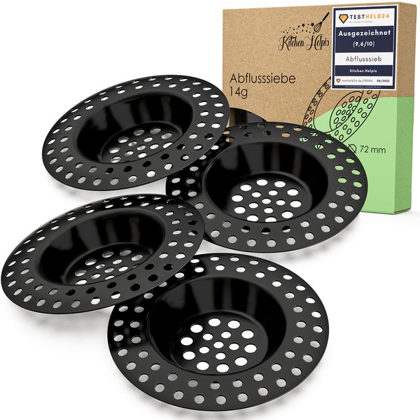 Kitchen Helpis® 4 x Sink Strainer Black Suitable for All Drains, Extra Heavy 14 g, No Flooding, Made of Rustproof SS304 Stainless Steel, Quick Drain, Strainer for Sink or Hair Strainer