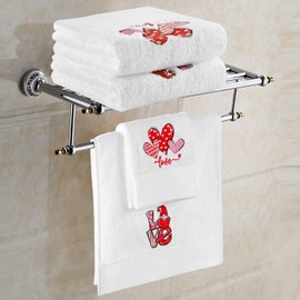 Quera 2 Pack Valentine's Day Hand Towels 100% Cotton Embroidered Premium Luxury Decor Bathroom Decorative Dish Set for Drying, Cleaning, Cooking, 13.7 "X 29.5", White, Love Gnome