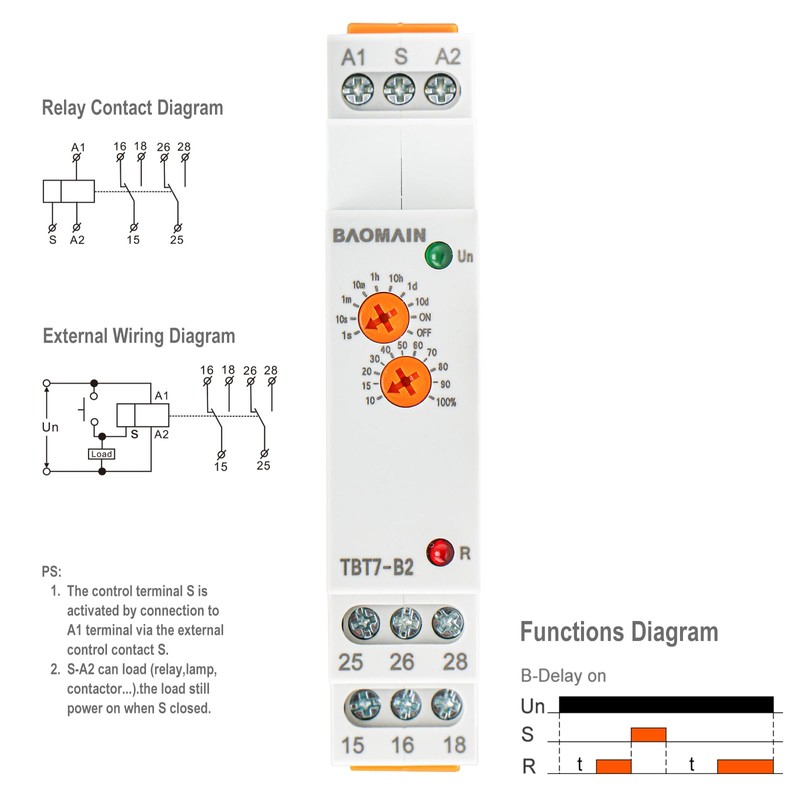 Baomain Multi-Function Time Relay, 16A Delay ON 2 SPDT, DIN