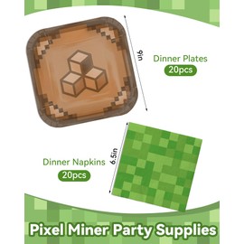 Pixel Gaming Party Supplies Set - Including 9“ Plates and 6.5” Napkins for 20 Guests, Pixel MiningThemed Birthday Party Decoration