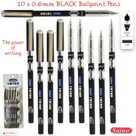 SAINO 10 x 0.6mm Fine Tip Ball Pens Tutor BLACK Ballpoint Pens Ultra Smooth Soft