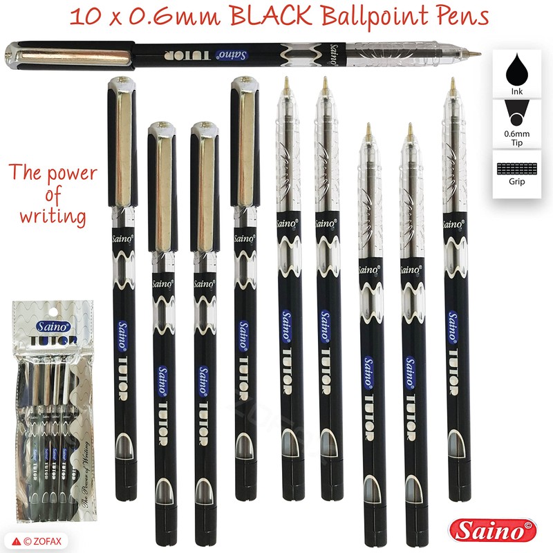 SAINO 10 x 0.6mm Fine Tip Ball Pens Tutor BLACK